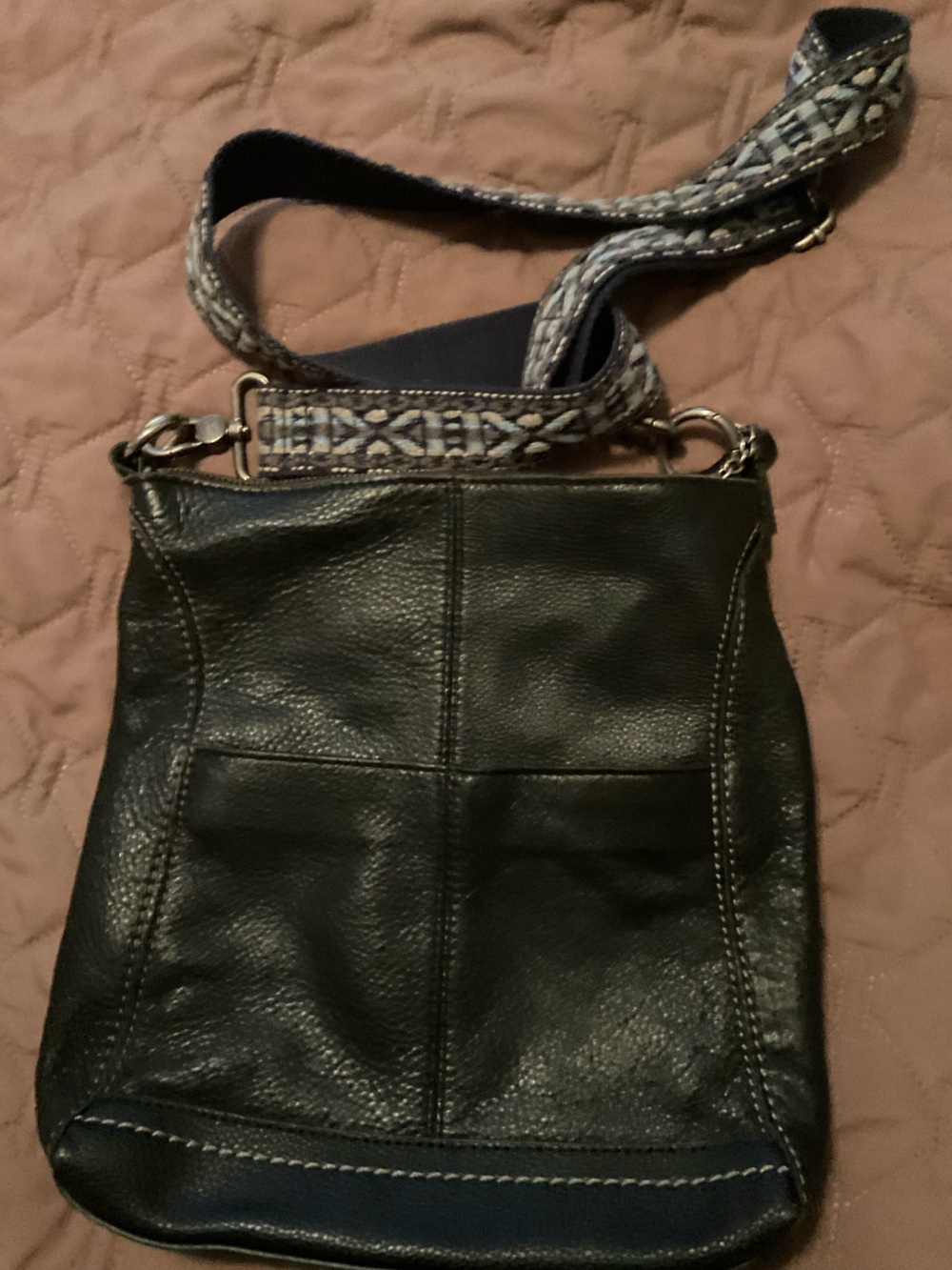 The Sak Black Leather Crossbody with Patterned Blue Strap